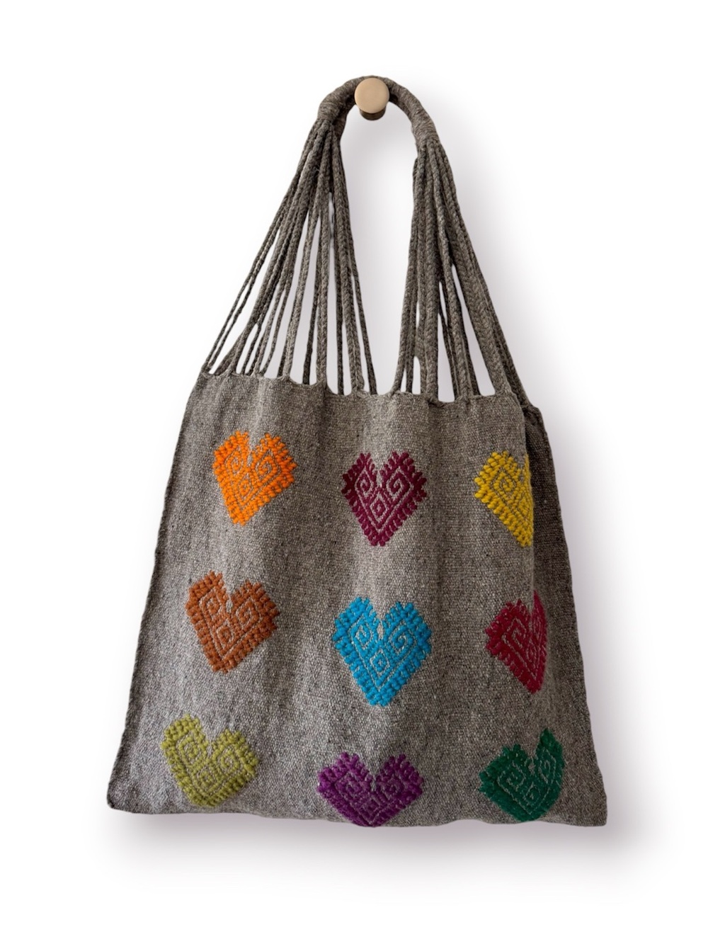 Mexican Handcrafted Grey Wool Knit Shoulder Tote, Woven Hearts Market Bag - Picture 11 of 17